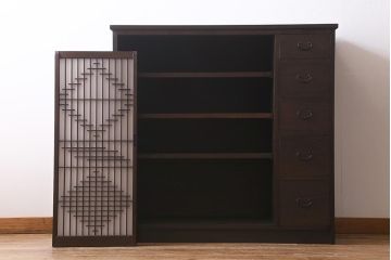 ラフジュ工房オリジナル　古建具リメイク　引き出し付き　風情漂う組子書院戸のキャビネット(戸棚、リビングボード)(R-041079)