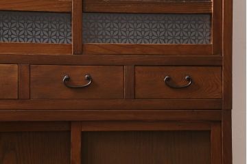 アンティーク家具　昭和初期　前面ヒノキ材　モールガラス入り　レトロな重ね戸棚(収納棚、引き出し、キャビネット)(R-041094)