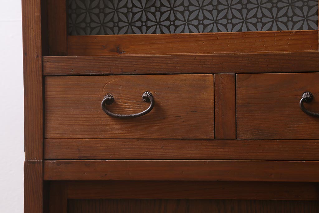 アンティーク家具　昭和初期　前面ヒノキ材　モールガラス入り　レトロな重ね戸棚(収納棚、引き出し、キャビネット)(R-041094)