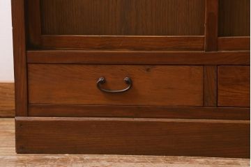 アンティーク家具　昭和初期　前面ヒノキ材　モールガラス入り　レトロな重ね戸棚(収納棚、引き出し、キャビネット)(R-041094)