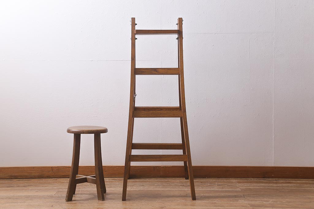 アンティーク雑貨　樫(カシ)材　レトロなステップラダー(脚立、はしご、梯子)(R-041098)
