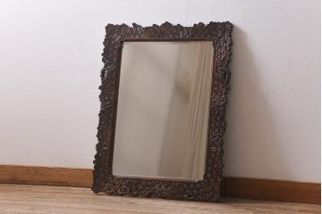 中古　伝統工芸　軽井沢彫り　満開の桜が囲むウォールミラー(壁掛け鏡)(R-041101)