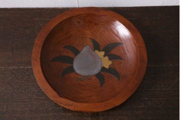 中古　共箱付き　河面冬山　蒔絵　桃　菓子器(木製漆器)(R-041108)