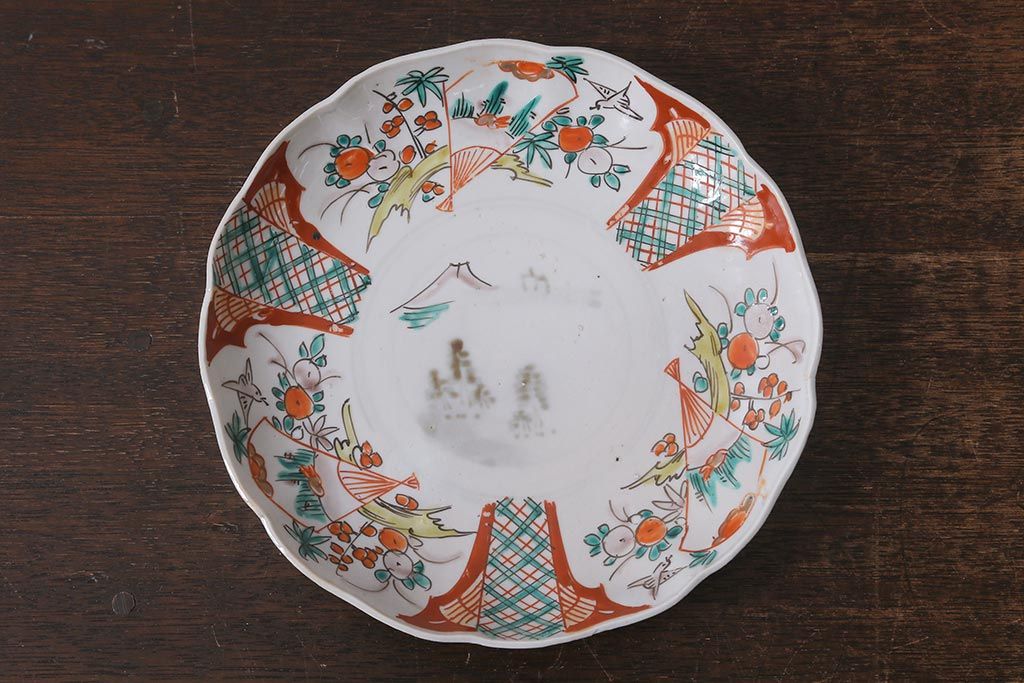 アンティーク雑貨　古民具・骨董　明治期　山水図　色絵七寸皿4枚セット(染付皿、中皿、和食器)(R-041110)