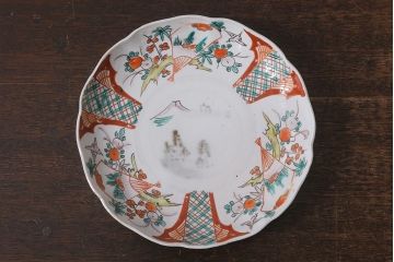 アンティーク雑貨　古民具・骨董　明治期　山水図　色絵七寸皿4枚セット(染付皿、中皿、和食器)(R-041110)