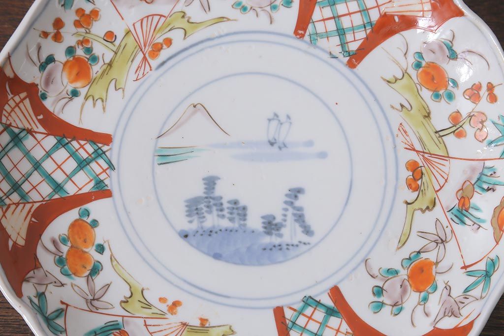 アンティーク雑貨　古民具・骨董　明治期　山水図　色絵七寸皿4枚セット(染付皿、中皿、和食器)(R-041110)