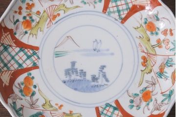 アンティーク雑貨　古民具・骨董　明治期　山水図　色絵七寸皿4枚セット(染付皿、中皿、和食器)(R-041110)
