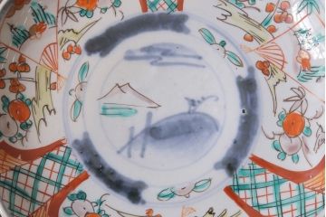 アンティーク雑貨　古民具・骨董　明治期　山水図　色絵七寸皿4枚セット(染付皿、中皿、和食器)(R-041110)