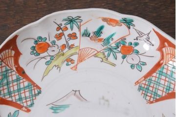 アンティーク雑貨　古民具・骨董　明治期　山水図　色絵七寸皿4枚セット(染付皿、中皿、和食器)(R-041110)