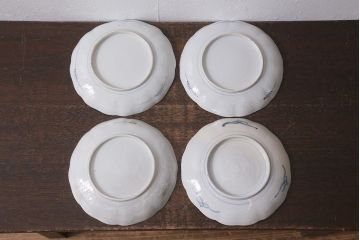 アンティーク雑貨　古民具・骨董　明治期　山水図　色絵七寸皿4枚セット(染付皿、中皿、和食器)(R-041110)