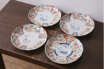 アンティーク雑貨　古民具・骨董　明治期　山水図　色絵七寸皿4枚セット(染付皿、中皿、和食器)(R-041110)