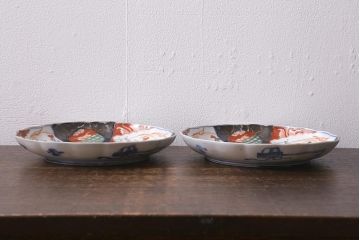 アンティーク雑貨　古民具・骨董　明治期　伊万里焼　色絵七寸皿2枚セット(和食器、中皿)(R-041112)