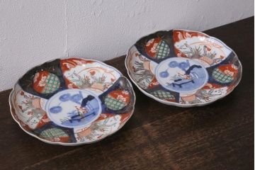 アンティーク雑貨　古民具・骨董　明治期　伊万里焼　色絵七寸皿2枚セット(和食器、中皿)(R-041112)