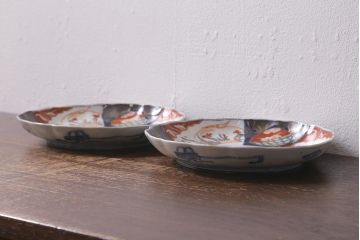 アンティーク雑貨　古民具・骨董　明治期　伊万里焼　色絵七寸皿2枚セット(和食器、中皿)(R-041112)