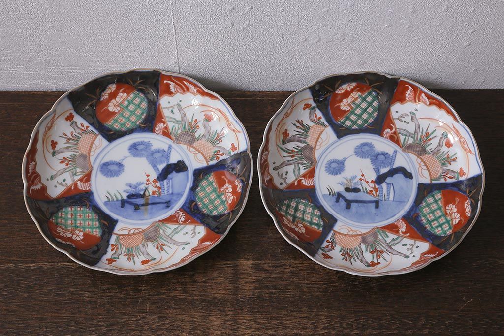 アンティーク雑貨　古民具・骨董　明治期　伊万里焼　色絵七寸皿2枚セット(和食器、中皿)(R-041112)