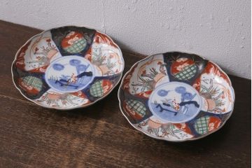 アンティーク雑貨　古民具・骨董　明治期　伊万里焼　色絵七寸皿2枚セット(和食器、中皿)(R-041112)
