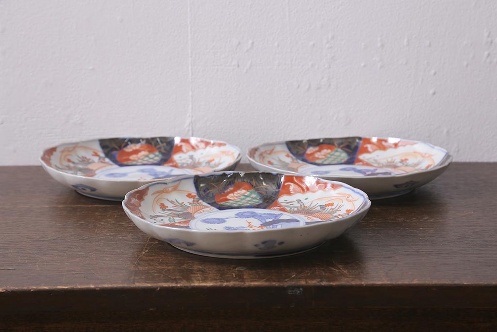 アンティーク雑貨　古民具・骨董　明治期　伊万里焼　色絵七寸皿3枚セット(和食器、中皿)(R-041113)