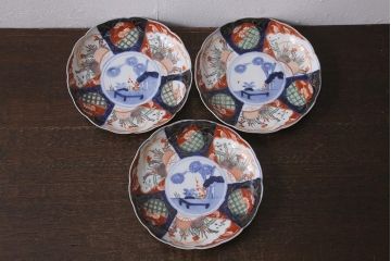 アンティーク雑貨　古民具・骨董　明治期　伊万里焼　色絵七寸皿3枚セット(和食器、中皿)(R-041113)