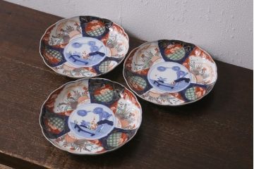 アンティーク雑貨　古民具・骨董　明治期　伊万里焼　色絵七寸皿3枚セット(和食器、中皿)(R-041113)