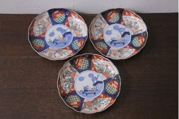 アンティーク雑貨　古民具・骨董　明治期　伊万里焼　色絵七寸皿3枚セット(和食器、中皿)(R-041114)