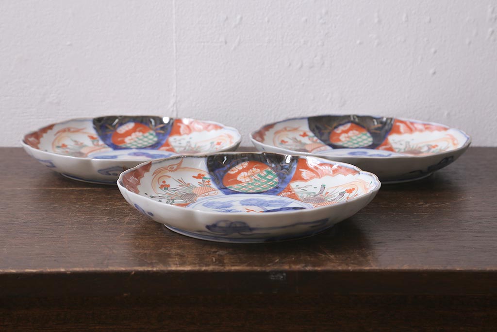 アンティーク雑貨　古民具・骨董　明治期　伊万里焼　色絵七寸皿3枚セット(和食器、中皿)(R-041115)