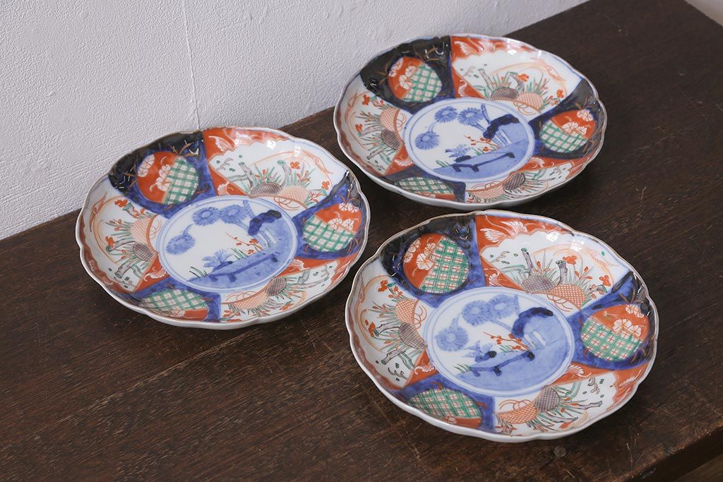 アンティーク雑貨　古民具・骨董　明治期　伊万里焼　色絵七寸皿3枚セット(和食器、中皿)(R-041115)
