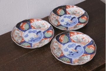 アンティーク雑貨　古民具・骨董　明治期　伊万里焼　色絵七寸皿3枚セット(和食器、中皿)(R-041115)