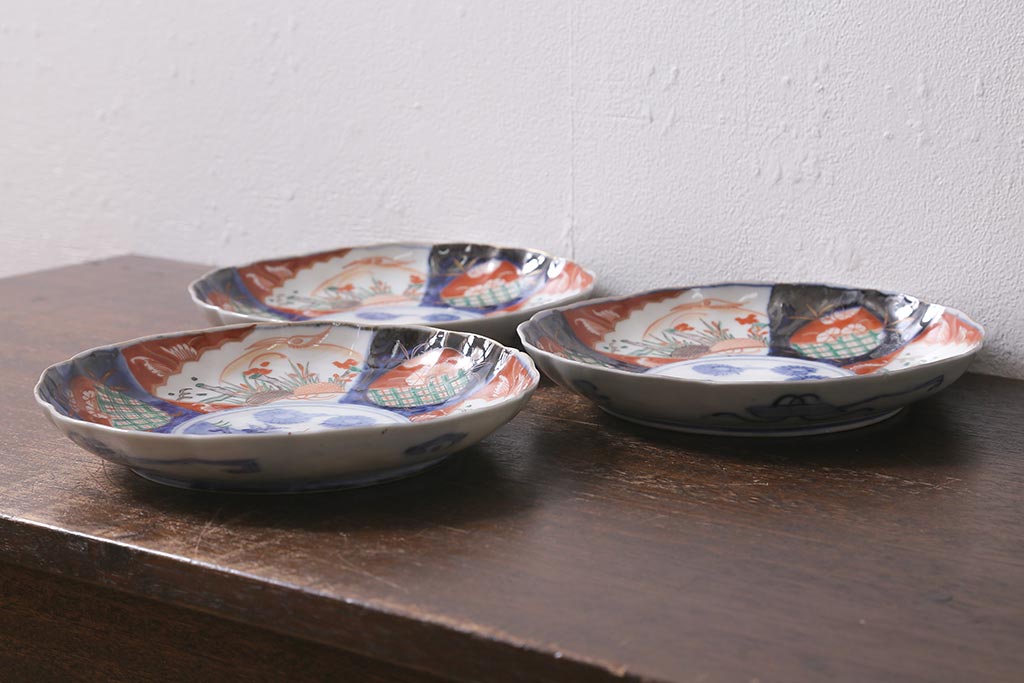 アンティーク雑貨　古民具・骨董　明治期　伊万里焼　色絵七寸皿3枚セット(和食器、中皿)(R-041115)