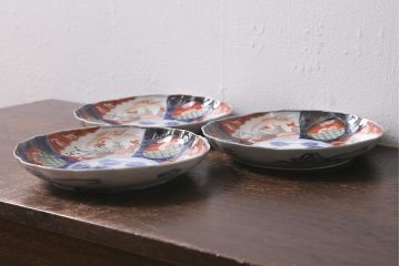 アンティーク雑貨　古民具・骨董　明治期　伊万里焼　色絵七寸皿3枚セット(和食器、中皿)(R-041115)