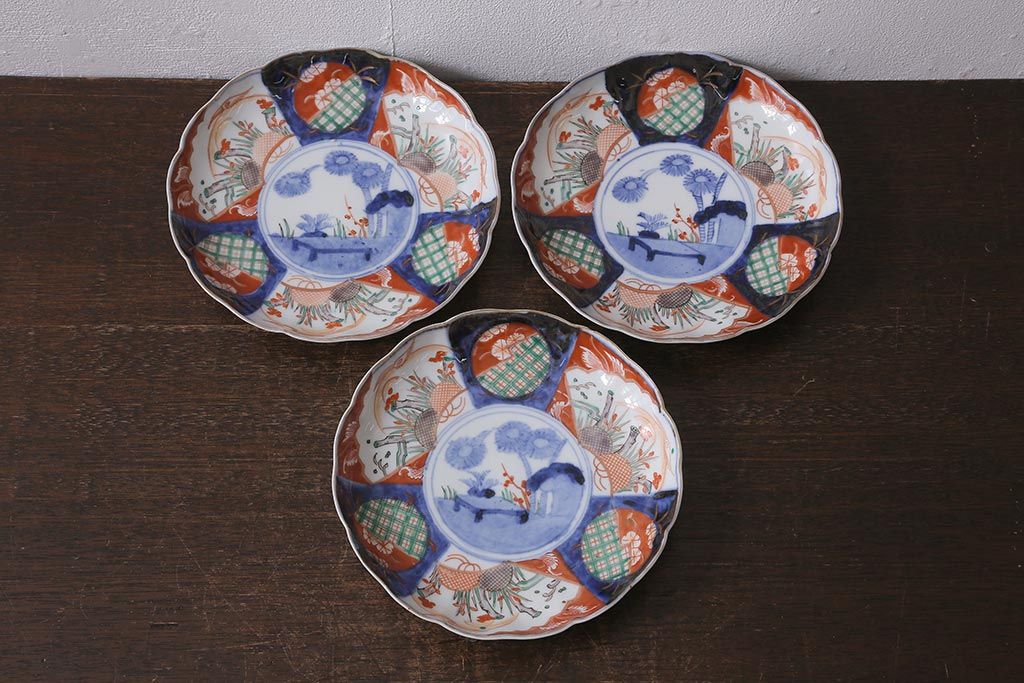 アンティーク雑貨　古民具・骨董　明治期　伊万里焼　色絵七寸皿3枚セット(和食器、中皿)(R-041115)