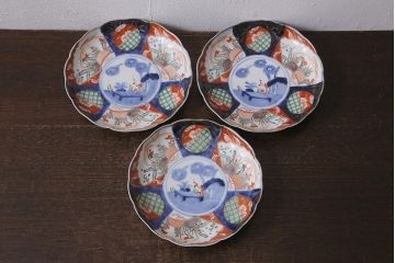 アンティーク雑貨　古民具・骨董　明治期　伊万里焼　色絵七寸皿3枚セット(和食器、中皿)(R-041115)