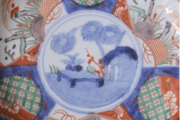 アンティーク雑貨　古民具・骨董　明治期　伊万里焼　色絵七寸皿3枚セット(和食器、中皿)(R-041115)