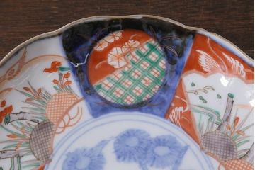 アンティーク雑貨　古民具・骨董　明治期　伊万里焼　色絵七寸皿3枚セット(和食器、中皿)(R-041115)