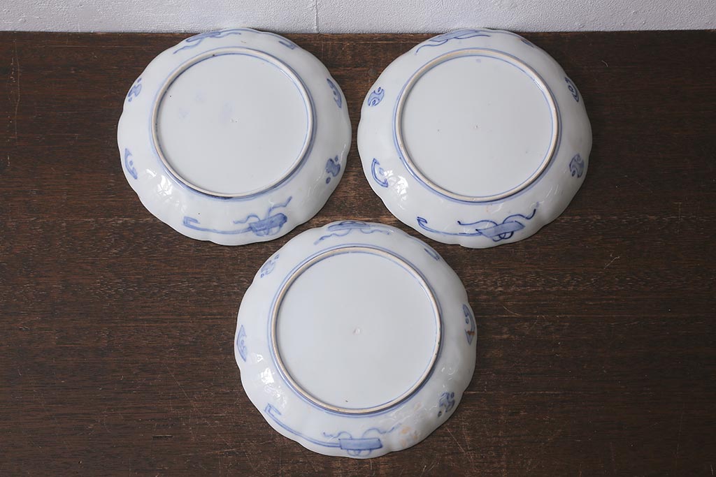 アンティーク雑貨　古民具・骨董　明治期　伊万里焼　色絵七寸皿3枚セット(和食器、中皿)(R-041115)