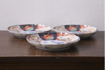 アンティーク雑貨　古民具・骨董　明治期　伊万里焼　色絵七寸皿3枚セット(和食器、中皿)(R-041116)