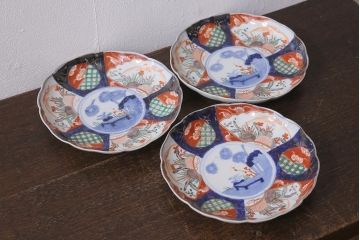 アンティーク雑貨　古民具・骨董　明治期　伊万里焼　色絵七寸皿3枚セット(和食器、中皿)(R-041116)