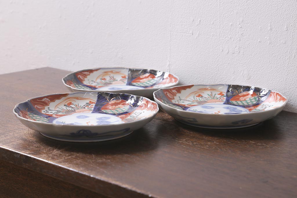 アンティーク雑貨　古民具・骨董　明治期　伊万里焼　色絵七寸皿3枚セット(和食器、中皿)(R-041116)