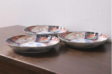 アンティーク雑貨　古民具・骨董　明治期　伊万里焼　色絵七寸皿3枚セット(和食器、中皿)(R-041116)