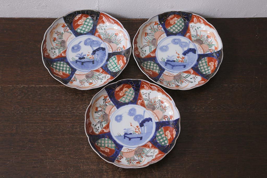 アンティーク雑貨　古民具・骨董　明治期　伊万里焼　色絵七寸皿3枚セット(和食器、中皿)(R-041116)