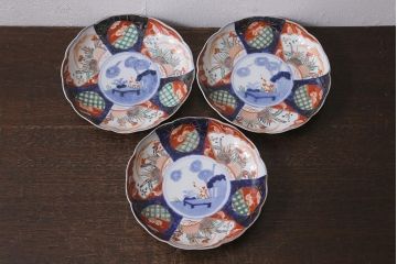 アンティーク雑貨　古民具・骨董　明治期　伊万里焼　色絵七寸皿3枚セット(和食器、中皿)(R-041116)