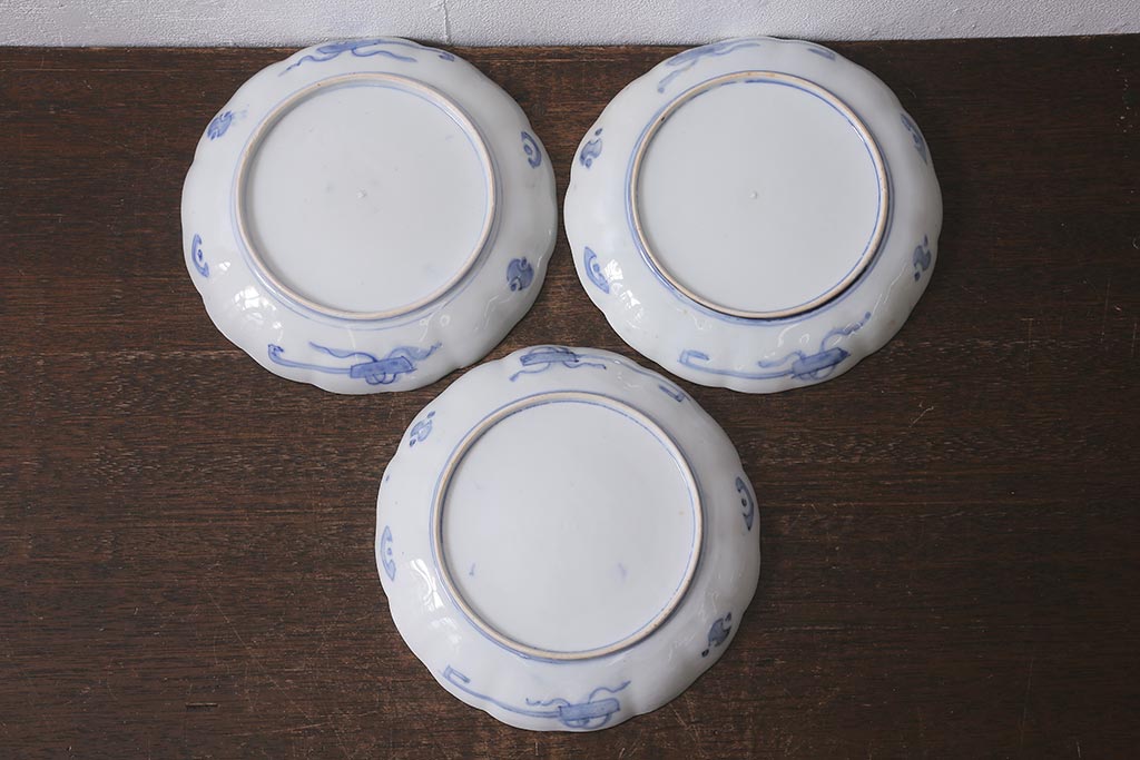 アンティーク雑貨　古民具・骨董　明治期　伊万里焼　色絵七寸皿3枚セット(和食器、中皿)(R-041116)