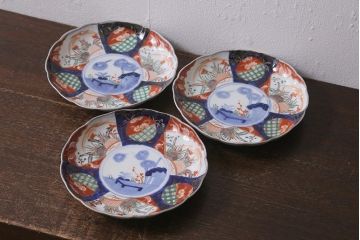 アンティーク雑貨　古民具・骨董　明治期　伊万里焼　色絵七寸皿3枚セット(和食器、中皿)(R-041116)