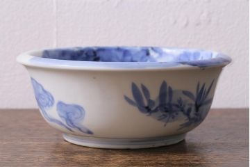 アンティーク雑貨　古民具・骨董　明治大正期　染付深鉢(深皿、和食器)(R-041117)