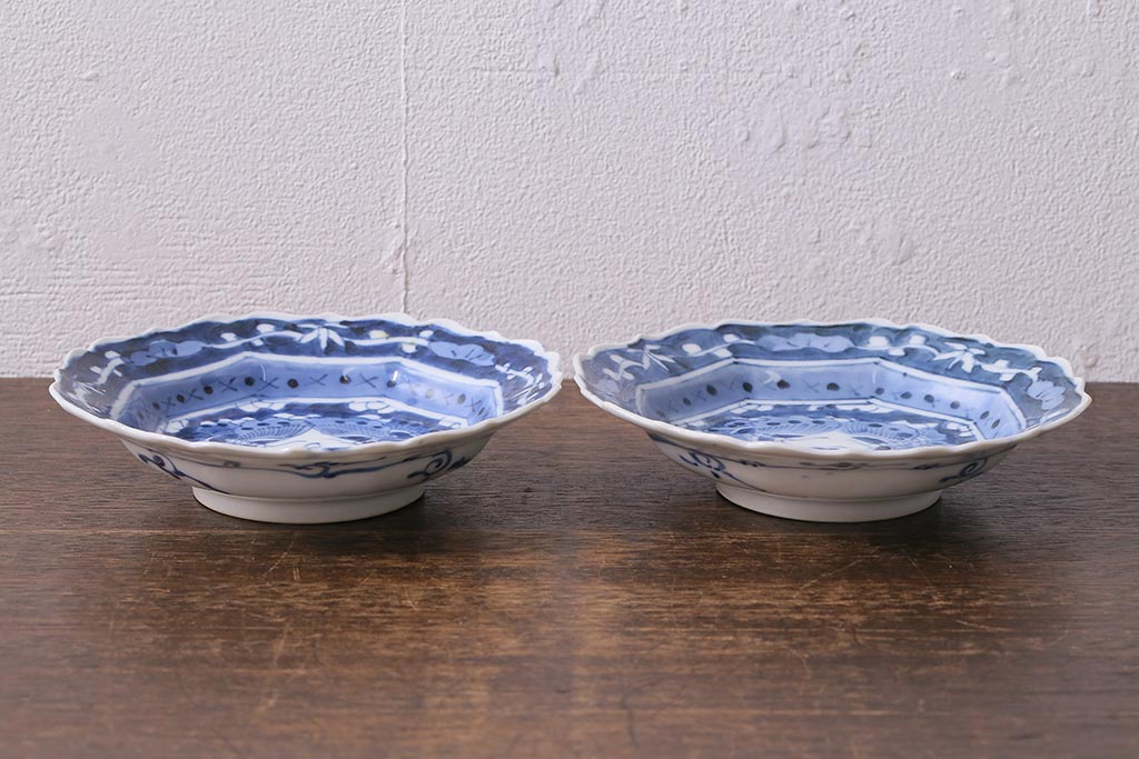 アンティーク雑貨　江戸明治期　蝶文染付変形皿2枚(中皿)(R-041119)