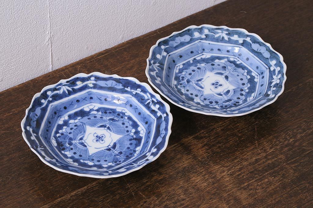 アンティーク雑貨　江戸明治期　蝶文染付変形皿2枚(中皿)(R-041119)