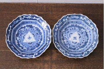 アンティーク雑貨　江戸明治期　蝶文染付変形皿2枚(中皿)(R-041119)