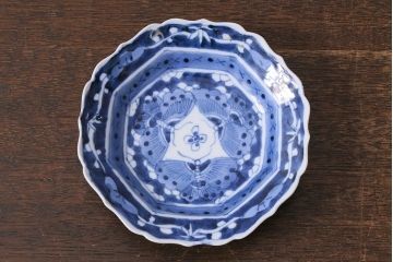 アンティーク雑貨　江戸明治期　蝶文染付変形皿2枚(中皿)(R-041119)