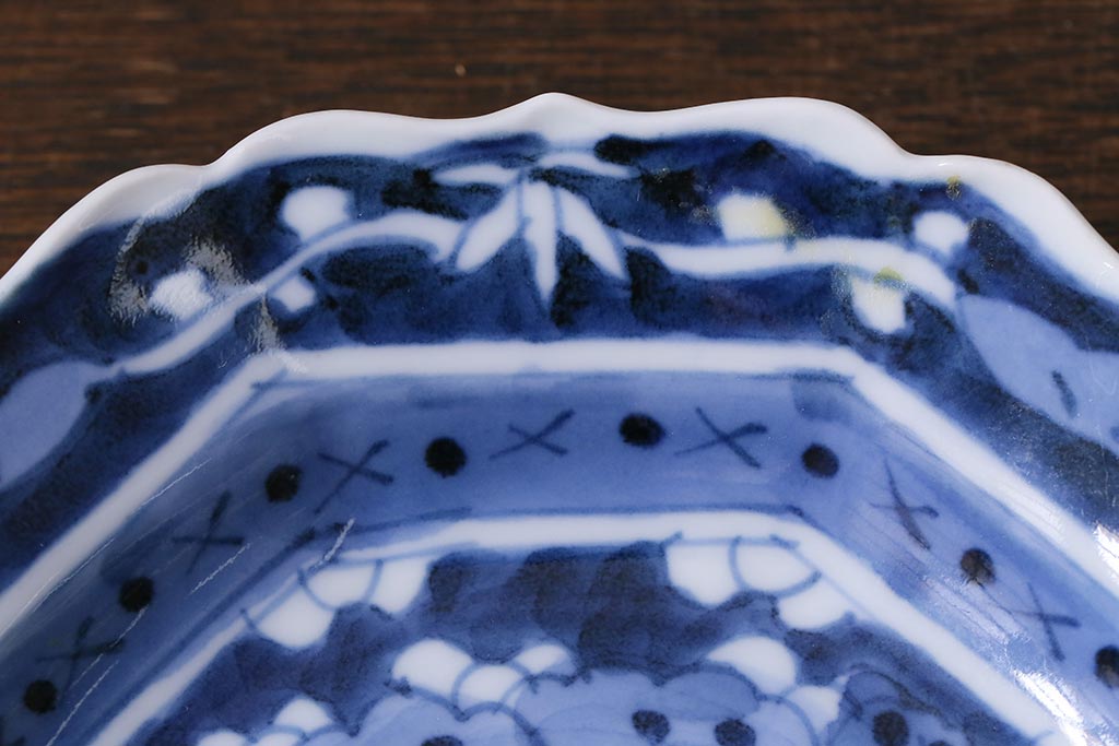 アンティーク雑貨　江戸明治期　蝶文染付変形皿2枚(中皿)(R-041119)