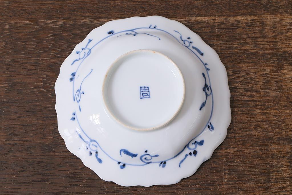 アンティーク雑貨　江戸明治期　蝶文染付変形皿2枚(中皿)(R-041119)