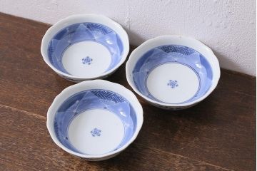 アンティーク雑貨　江戸期　古伊万里　染付　扇面図　なます皿3枚セット(深皿)(R-041120)